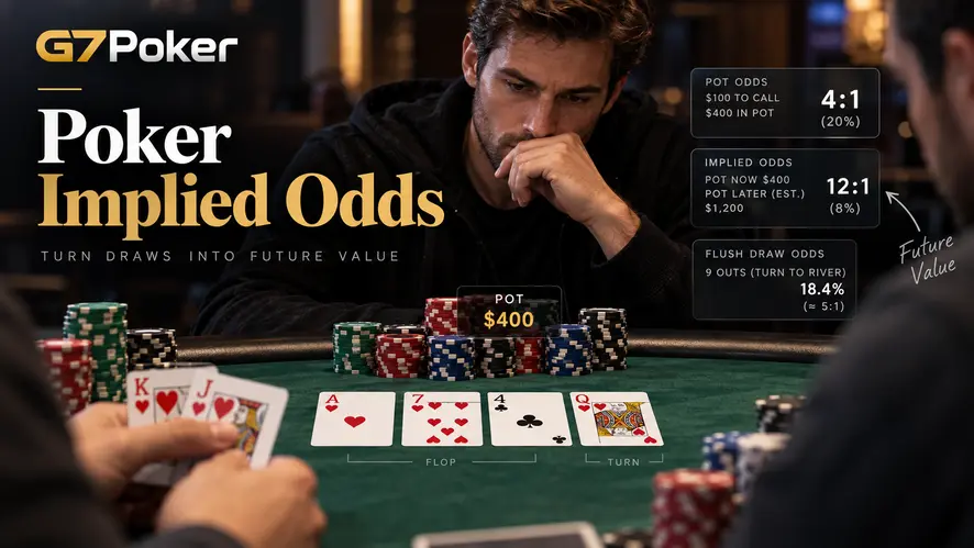 Poker player calculating implied odds at a poker table with chip