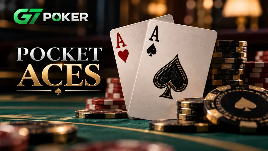 Pocket aces in Texas Hold'em: ace of spades and ace of hearts with poker chips and G7 Poker branding.